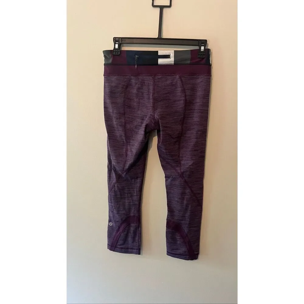 Lululemon Run Inspire Crop II Leggings Purple Striped Size 8 Zipper Pocket